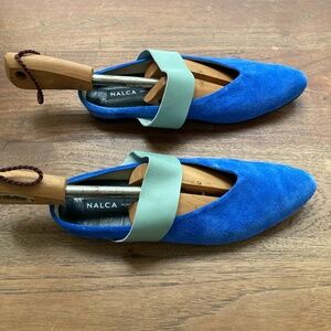 Nalca slip-on flats, blue suede with sea green leather strap